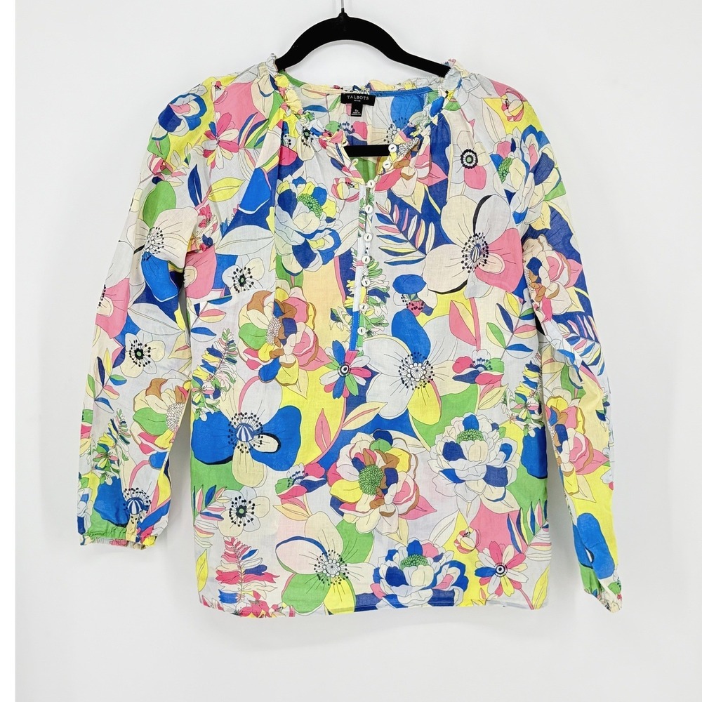 Talbots Tropical Floral Cotton Voile Top Button Top Size S P Art to Wear Boho